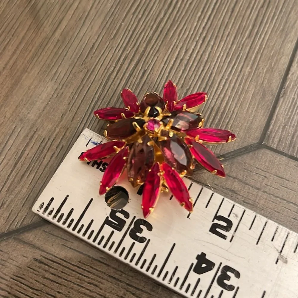 Vintage Floral Rhinestone Pin Red, Purple and Pin